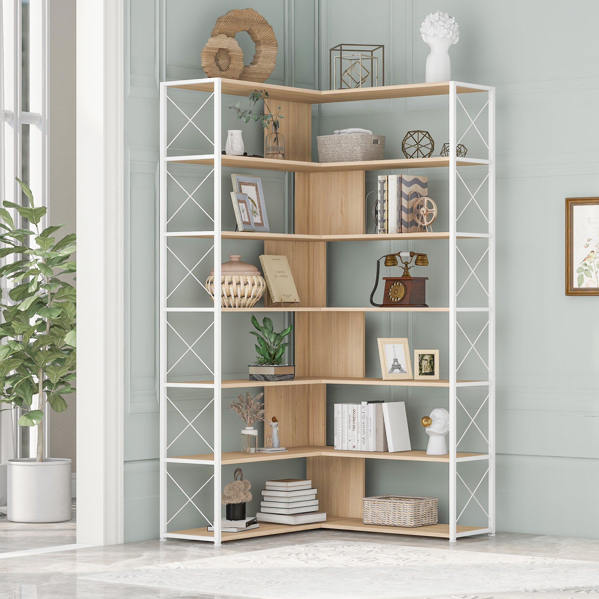7-Tier Bookcase Home Office Bookshelf, L-Shaped Corner Bookcase with Metal Frame, Industrial Style Shelf with Open Storage, MDF Board 7-Tier Bookcase Home Office Bookshelf, L-Shaped Corner Bookcase with Metal Frame, Industrial Style Shelf with Open Storage, MDF Board