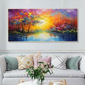 Hand Painted Oil Painting Abstract Autumn Forest Painting Original Lake Hand Painted Oil Painting Yellow Sunrise Landscape Reflection Art Room Decor (Style: 01, size: 75x150cm)